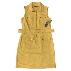Sharagano Womens 10P Petite Yellow Belted Utility Dress Zip Front NWT
